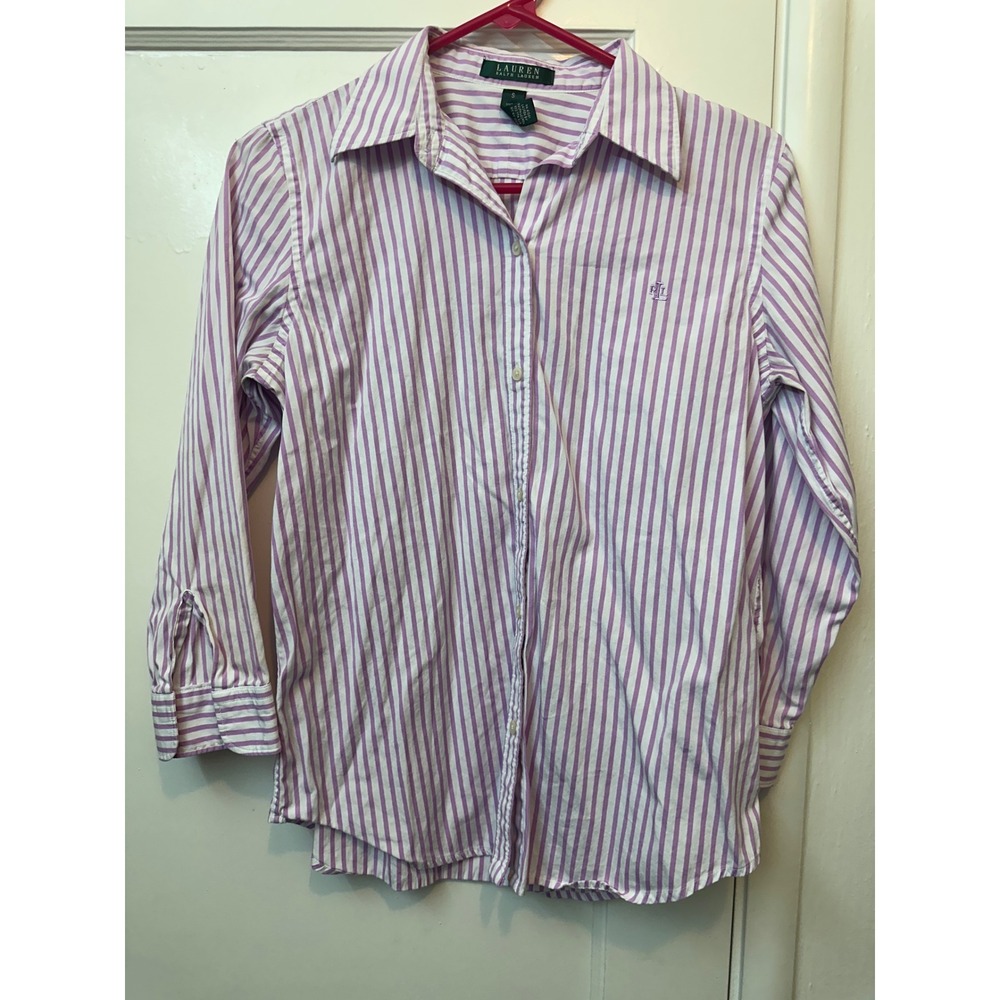 Lauren Ralph Lauren Womens Purpleโ White Striped Cotton Button Down Shirt Small
